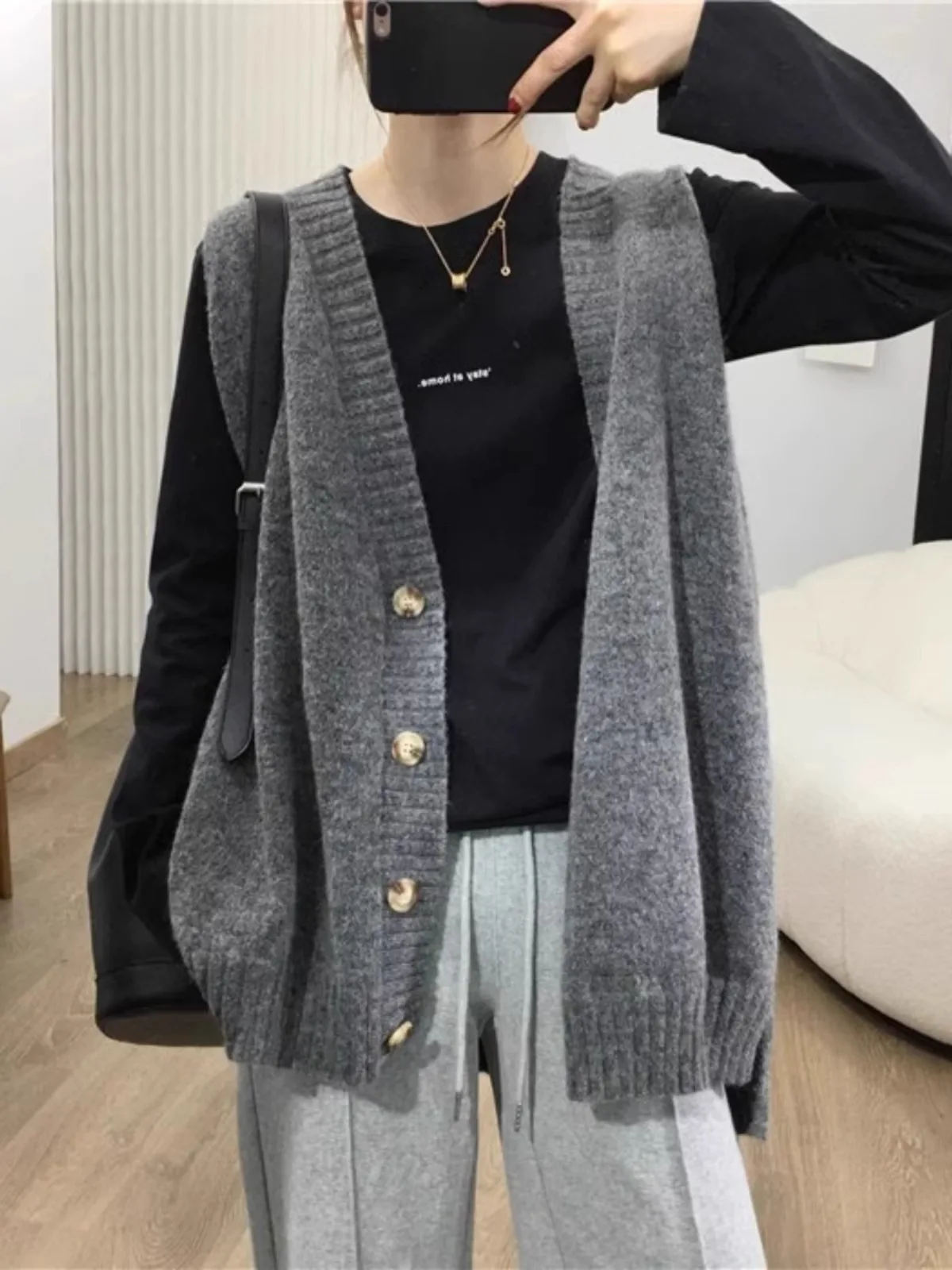 South korea Dongdaemun Autumn Versatile Mid-Length Vest Women Outer Wear Angora Waistcoat Idle Sle V-neck Sweater vest