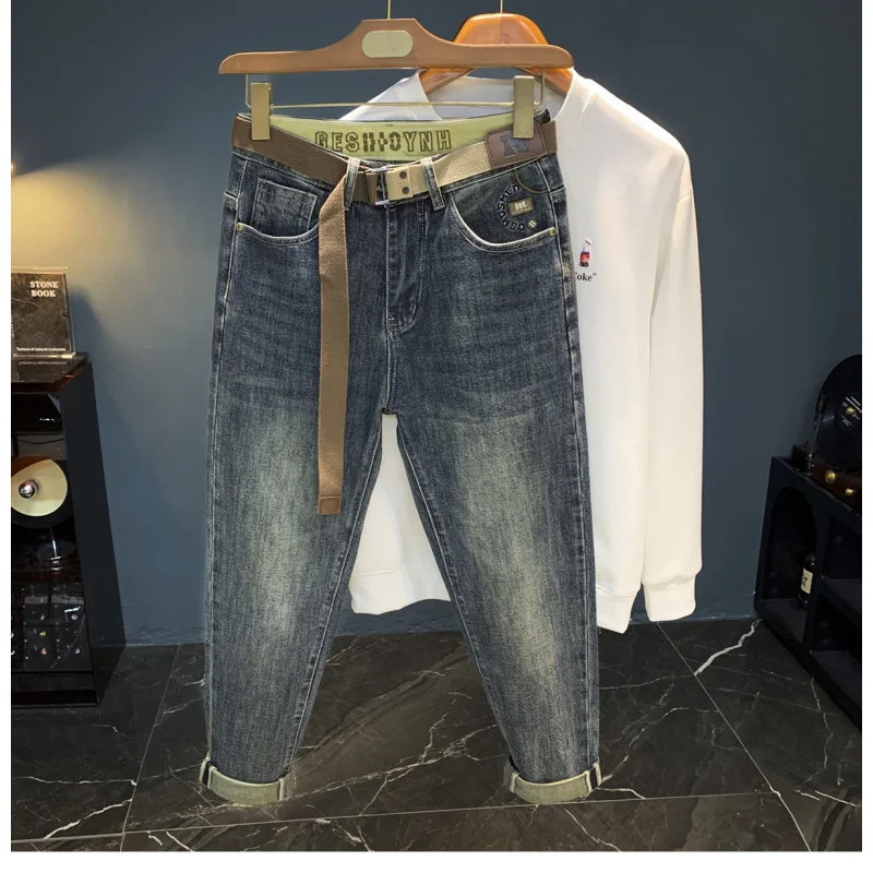 Luksusowe jeansy męskie na jesień i zimę, grube, elastyczne, w stylu retro, niebieskie, z wąską nogawką, lekko rozszerzane męskie spodnie.