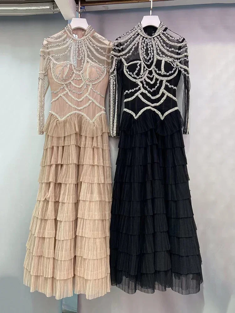 2024 New Solid Beaded Design Dresses for Women Round Neck High Waist Long Sleeve Elegant Dress Female Spring  Dresses For