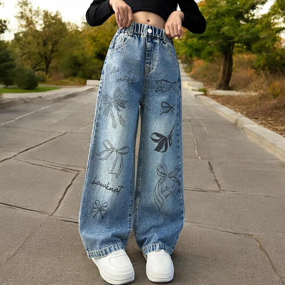 Baby Girls Jeans for Kids Baggy Cargo Pants Graffiti Trousers Wide Leg Children Teens Outfits Toddler Clothes 5 7 9 10 12 Years