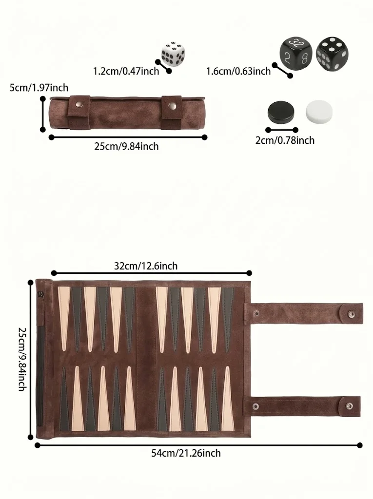 Portable Roll-Up Backgammon Set with Zipper Storage, Compact Travel Board Game for Home, Camping and Trips
