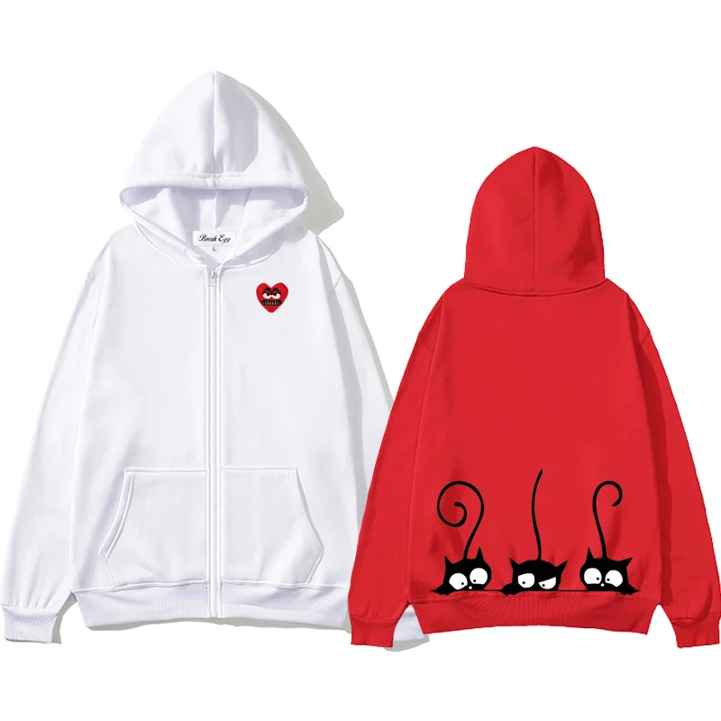 

Black Mischievous Kitten Print Men Women Zipper Hoodie Cute Snag Heart Embroidery Polyester Pocket Loose Thin Autumn Sweater