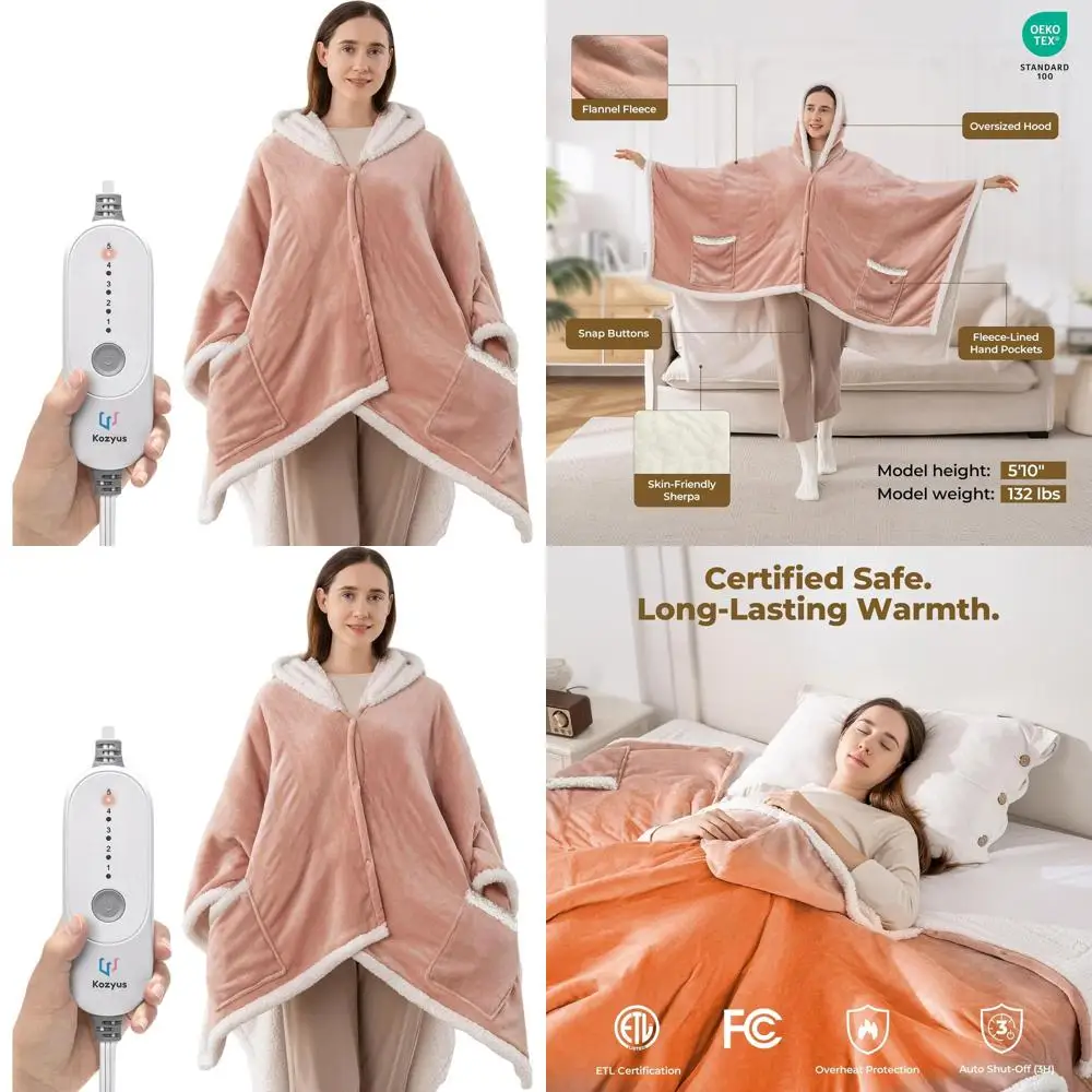 

Heated Blanket with Hood and Pockets, 5 Temperature Settings, Auto-Off, Washable, Unisex, Pink, 56x63