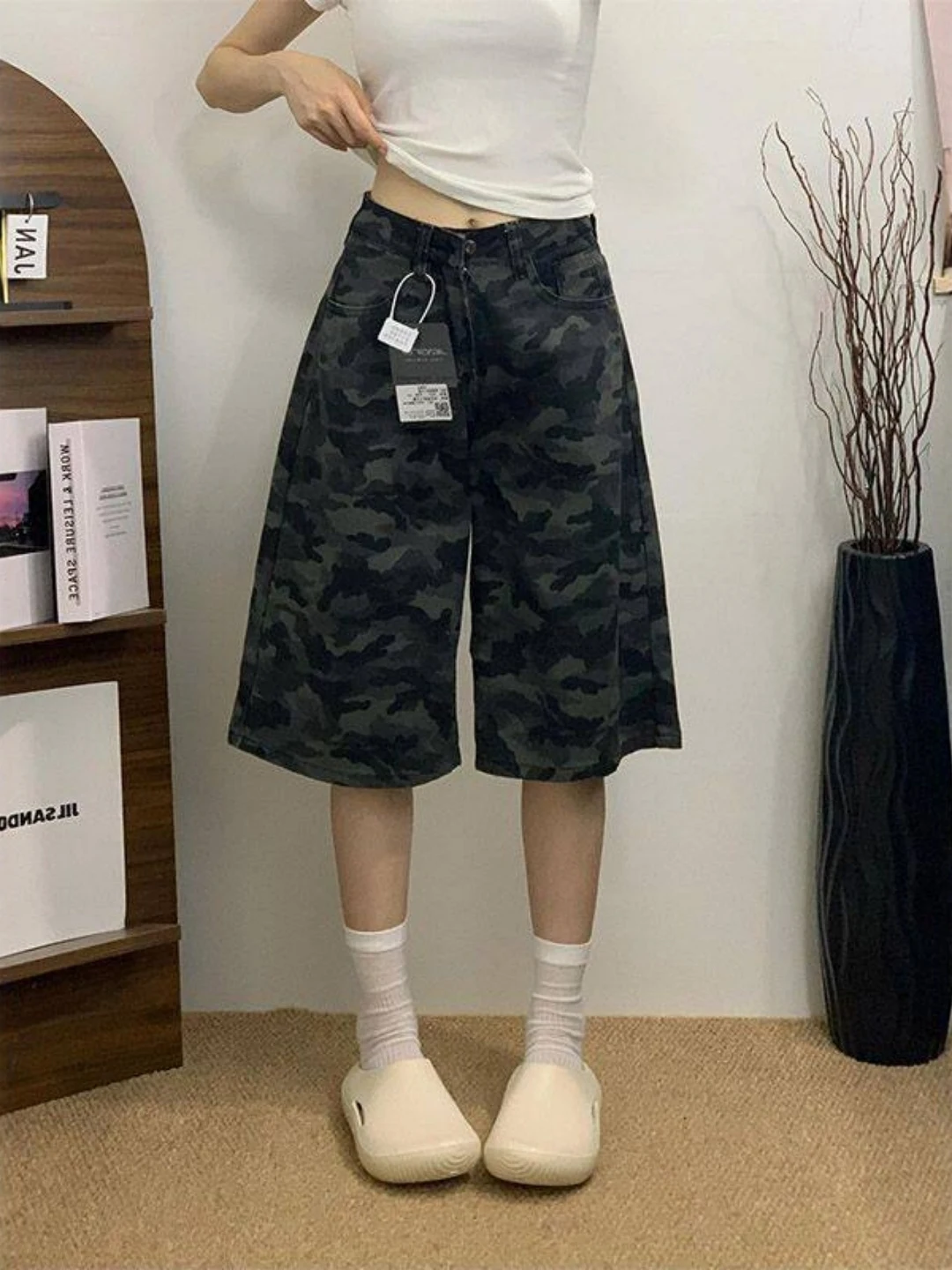 

High Waist Wide Leg Camouflage Seven-Foot Denim Jeans Women's plus Size Summer New Style Loose Straight Short Pants