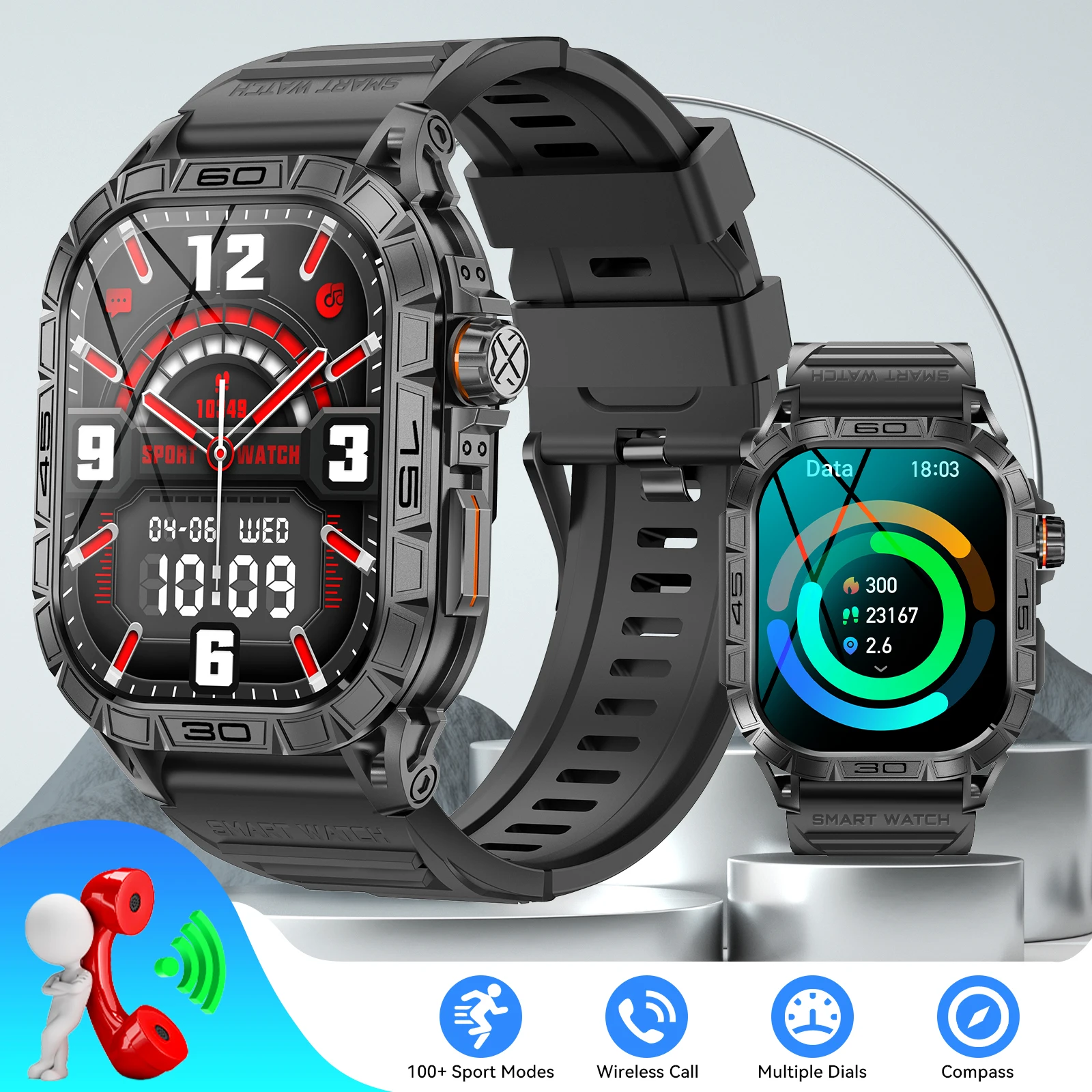 LaNikar New Smart Watch ED Display 100+ Sport Mode With Compass IP68 Waterproof Bluetooth Call Heart Rate Blood Pressure Men K63