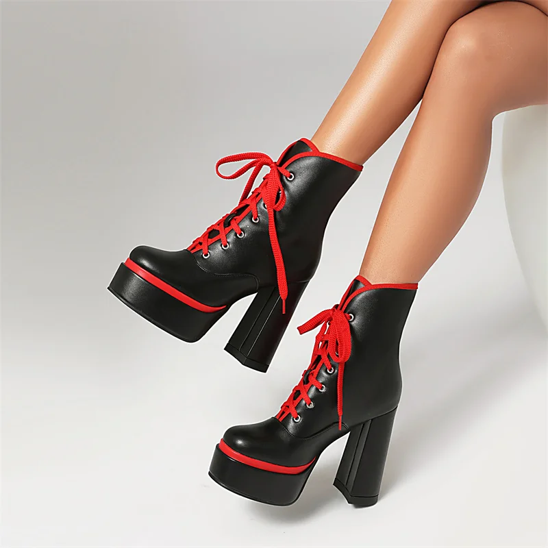 

YMECHIC Ladies Round Toe Platform Ankle Boots Lace Up Squre Chunky High Heel Black White Footwear for Winter Women Shoes 2025