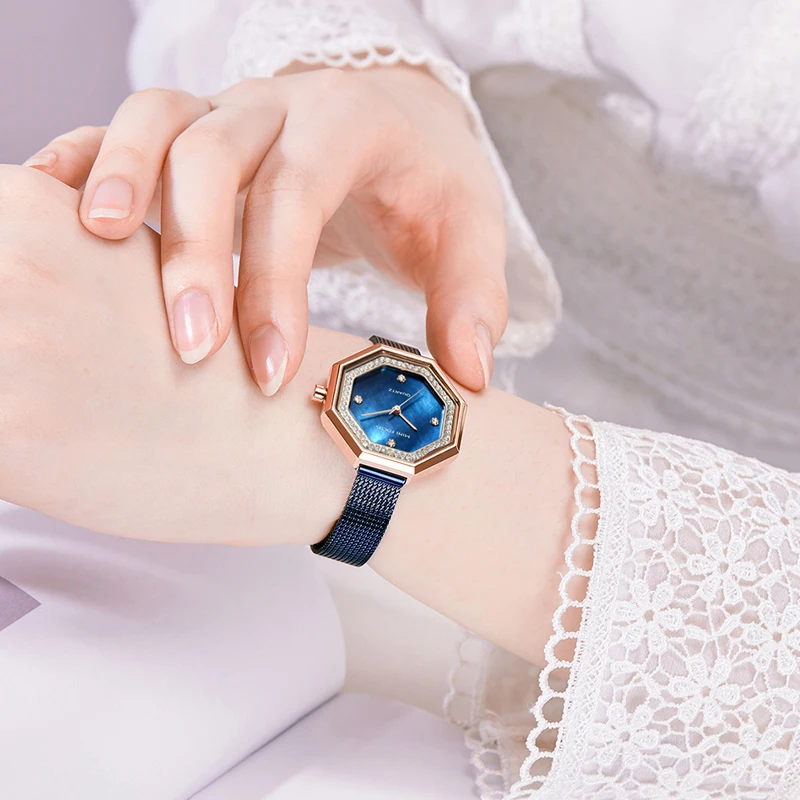 MINI FOCUS MF0304L Octagon Diamonds Watch Elegant Waterproof Blue Mesh Stainless Steel Band Women Quartz Watches
