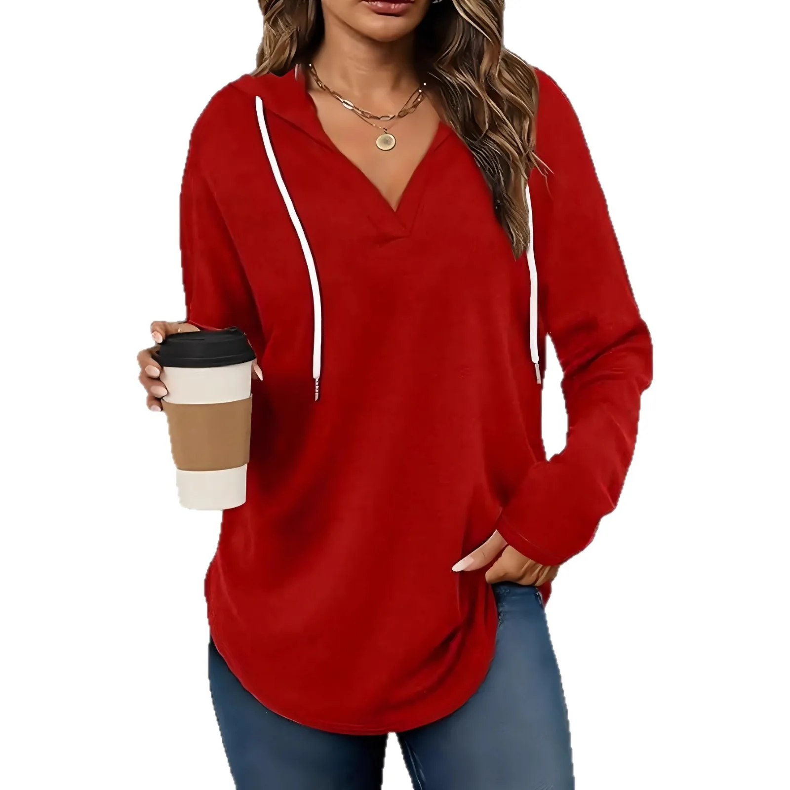 

2025 New Fashion Hooded Lace-up Long-sleeved Shirt Women In Autumn Casual Loose Solid Color V-neck Top For Women
