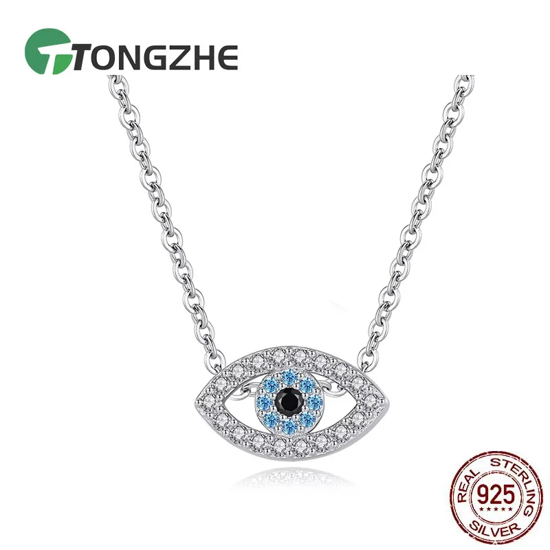 TONGZHE Evil Eyes wisiorek 925 Sterling Silver długi naszyjnik łańcuch kryształ turecki Eye naszyjniki kobiety dziewczyny szczęście Fine Jewelry