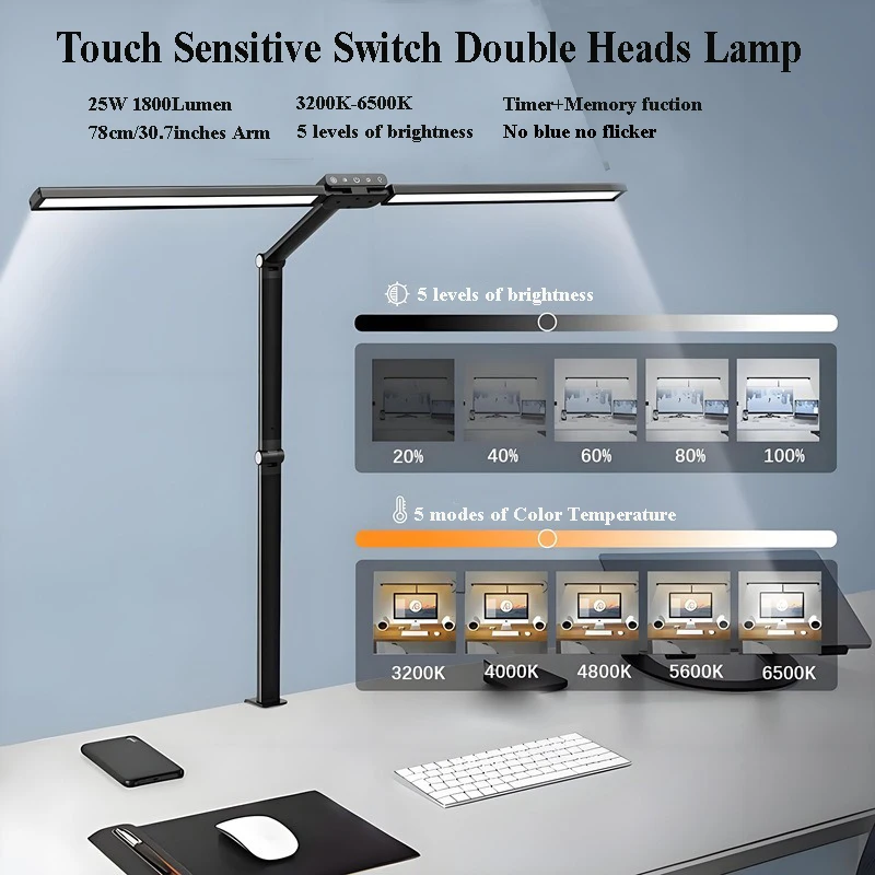 Lampa biurkowa dwugłowicowa z zaciskiem, długi ramiono, ściemnialna, 24V, ultra jasna, automatyczne ściemnianie, lampa stołowa architekta do domu i biura.