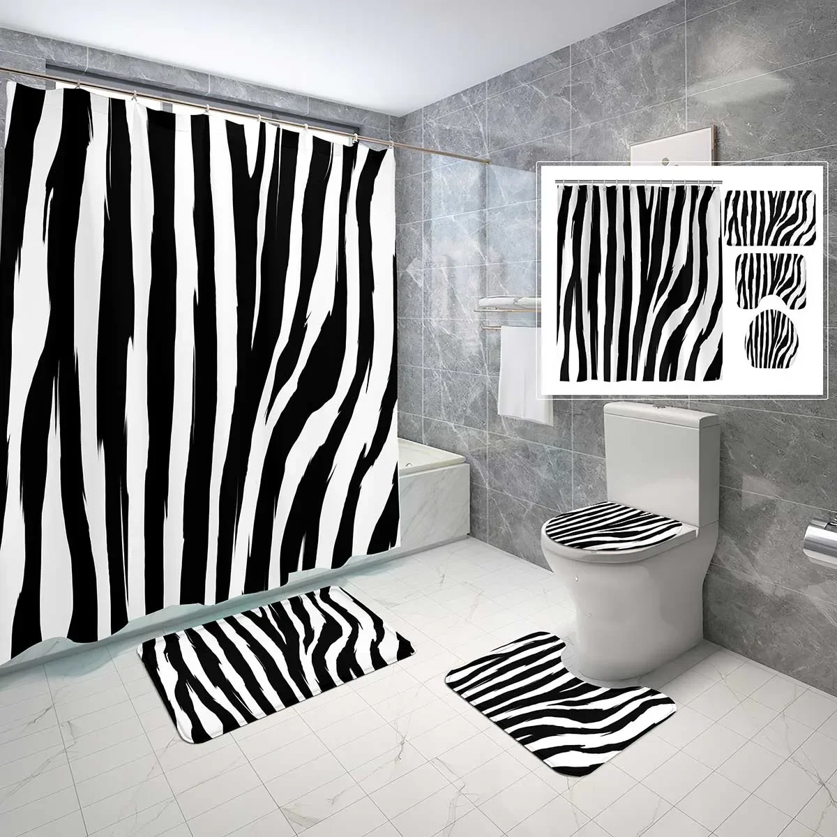 

4 PCS Zebra Texture Shower Curtain Sets,Animals Striped Bathroom Waterproof Bath Curtain,Non-Slip Bath Mat Toilet Cover Set