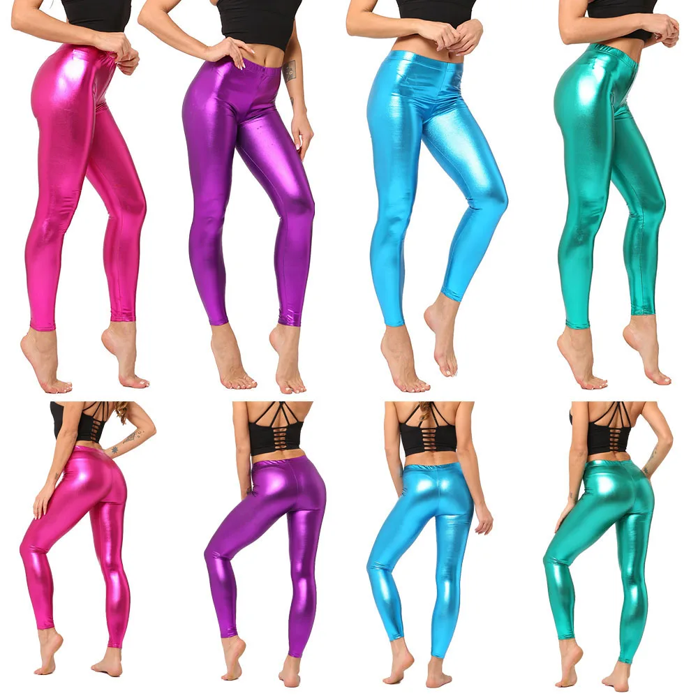 Sexy Leather Leggings Women Pants Bright Metallic Style Leather Legging Female Elastic Slim Fitness Leather Pants Trousers