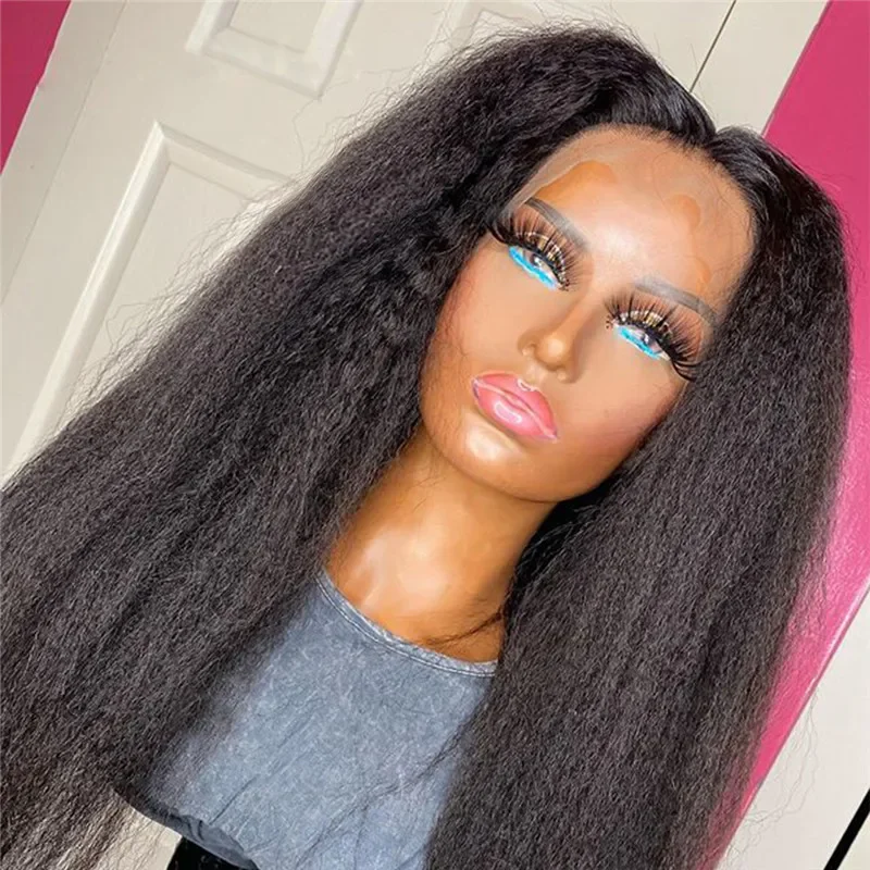 Rambut palsu hitam Kinky lurus 26 inci 180 kepadatan untuk wanita renda depan Wig dengan rambut bayi tahan panas Wig persiapan harian