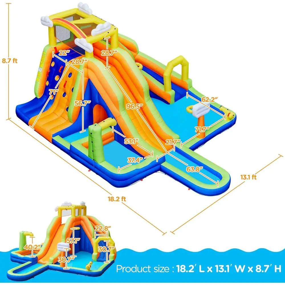 10-in-1-Regenbogen-Kombinations-Wasserrutsche mit 2 Pools, Kletterwand, Tunnel und Doppelrutschen für Kinder von 3 bis 10 Jahren, 650-W-Gebläse inklusive