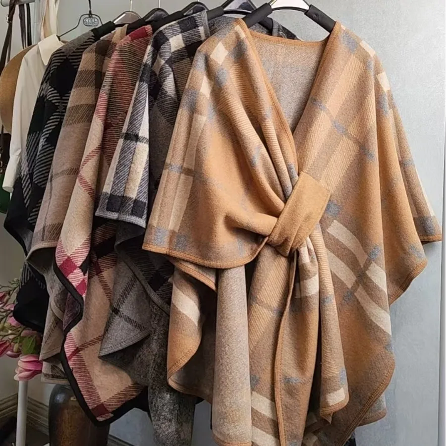 ​ Classic Semi Circle Cross Over Shawl Double Sided Plaid Wrap Women Autumn Winter Cape