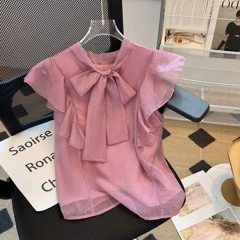 Summer Women's Casual Fashion Elegant Commuting Solid Color Round Neck Patchwork French Bow Chiffon Little Flying Sleeve Shirt