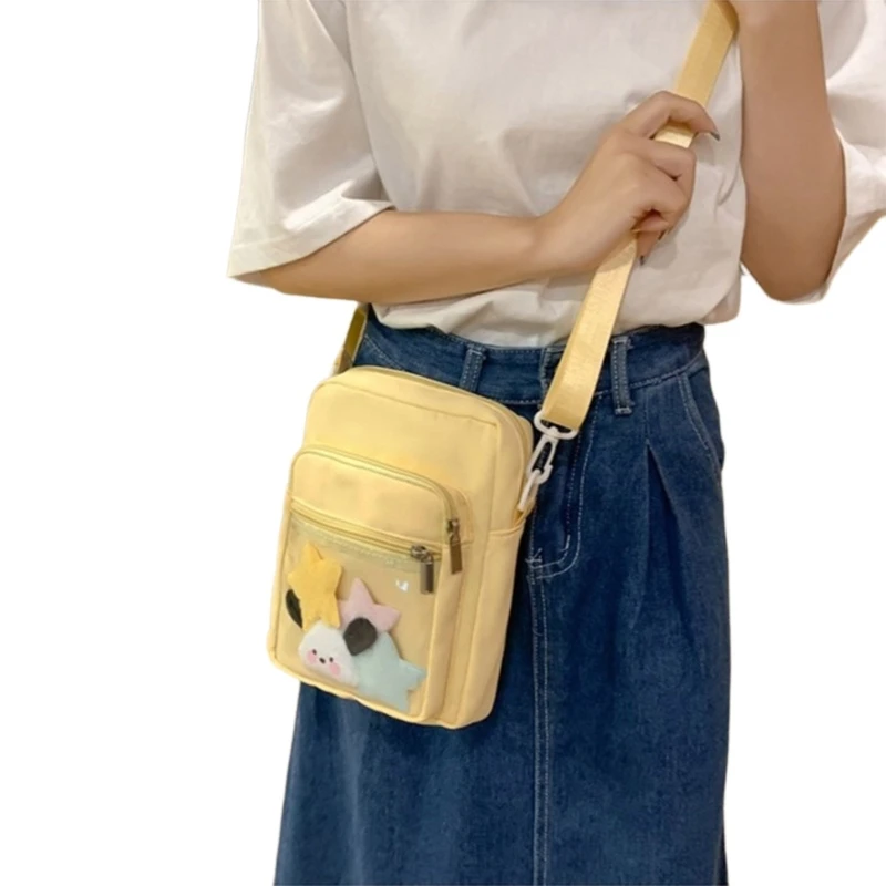 E74B Japanese School Girl Cute Itabag with Clear Window Nylon Crossbody Bag Anime Pin Display Small Shoulder Purse for Women