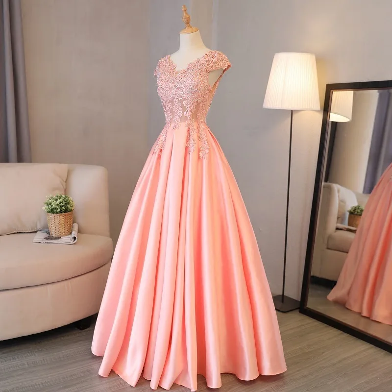 J139 Sweet Memory Pink Graduation Dresses Prom Satin Lace Robe Women Girl Princess Robes Lady Floor Evening Dress Cocktail Party