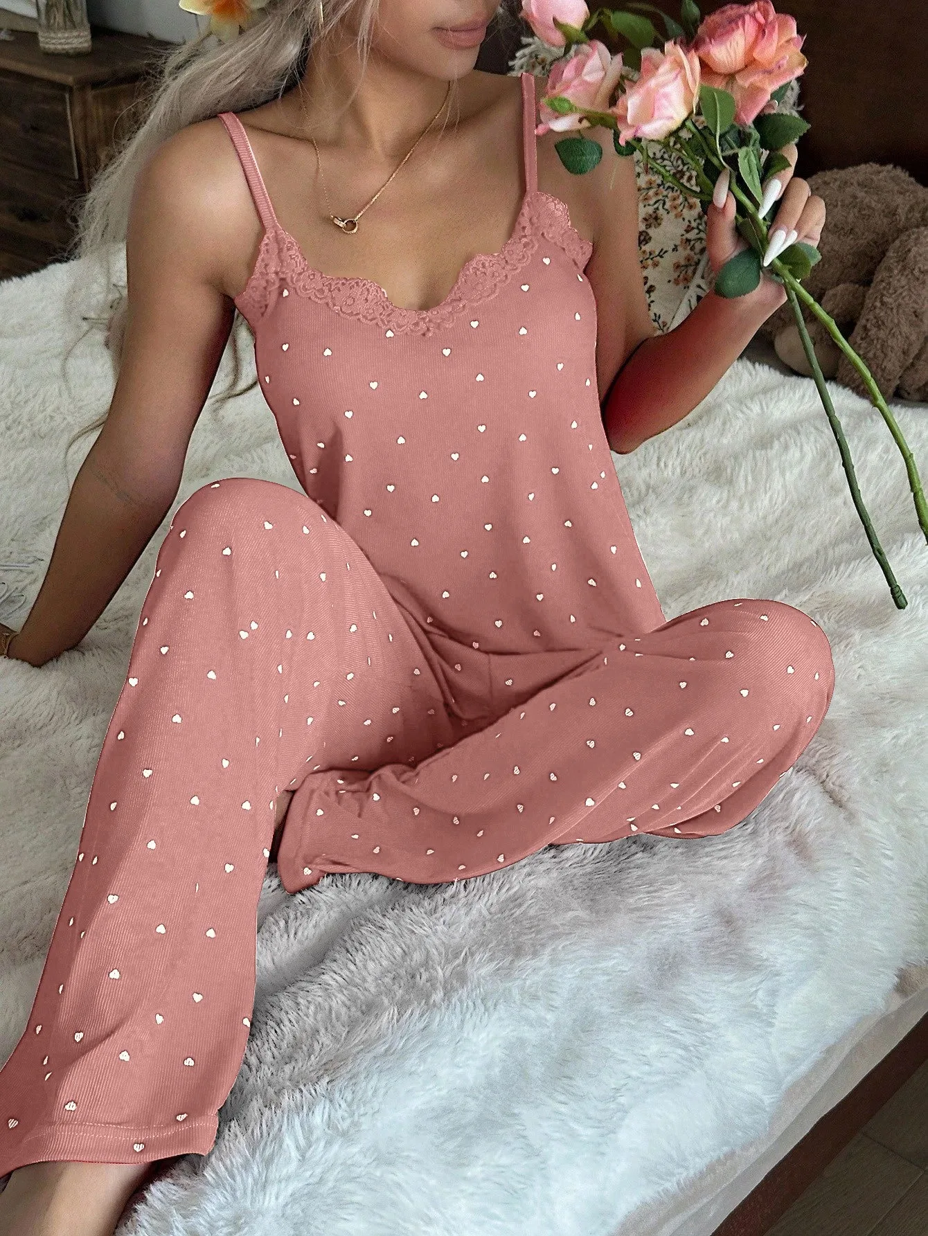 

Women's European-style halter-neck lace-edged blouse, long pants, pajama set, home wear suit