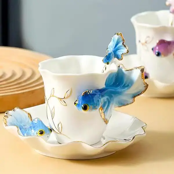 New bone china relief ceramic mug hand-painted coffee cup dish gift wedding companion gift