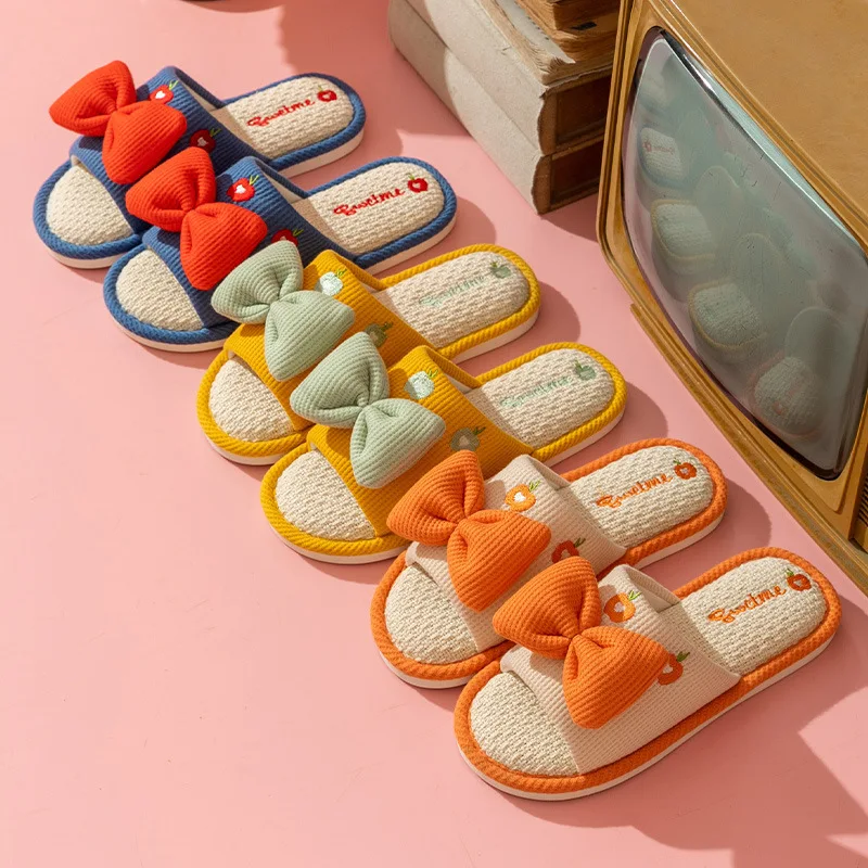 Ladies Summer Casual Linen Slippers with Cartoon Multicolor Bow Anti-Slip Slip-On Home Footwear for Girls Cute Simple Design image 3