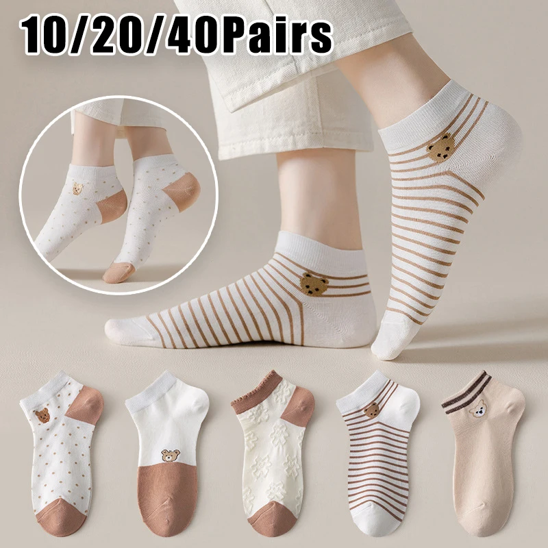 

Cartoon Bear Striped Socks Low Cut Breathable Moisture Wicking Thin Summer Boat Socks Ladies Lightweight Casual Ankle Socks