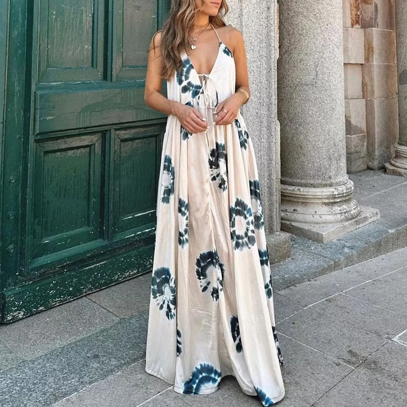 Spring Deep V Neck Tie-up Bow Hollow Dress Sexy Big Backless Lady Long Maxi Dress Women Sleeveless Print Summer Beach Boho Dress