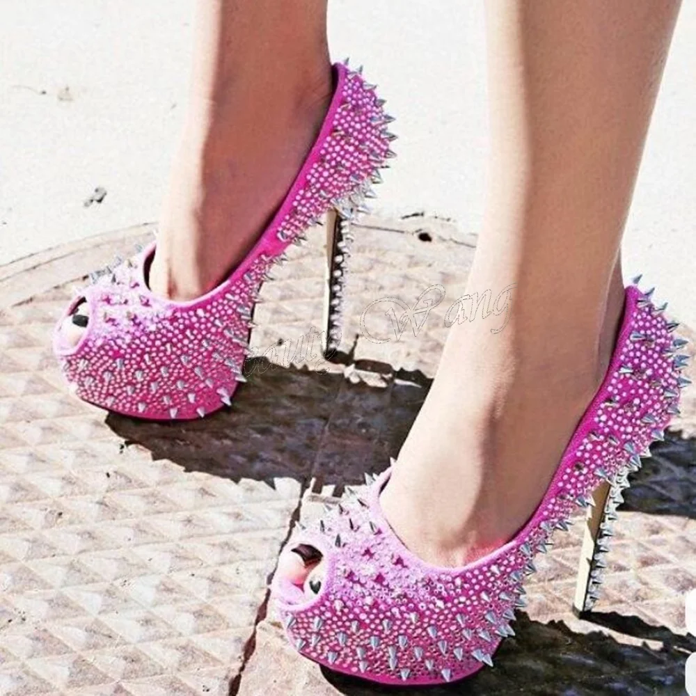 

Pink Peep Toe Platform Pumps Rivet Decor Sandals Round Toe High Heel Shoes for Women Runway High Heels 2025 Zapatillas Mujer