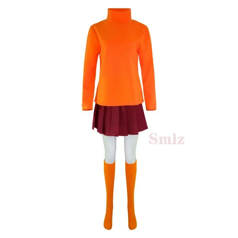 Velma Cosplay Uniform Anime Woman Orange Top Skirt Socks Halloween Costume Set Girls Velma Wig Q