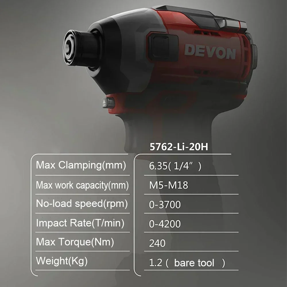 Devon 20v Cordless Impact Screwdriver Brushless 5762 240Nm 3700rpm 4200T/min 2 Smart Modes Rechargeable Universal Flex Battery