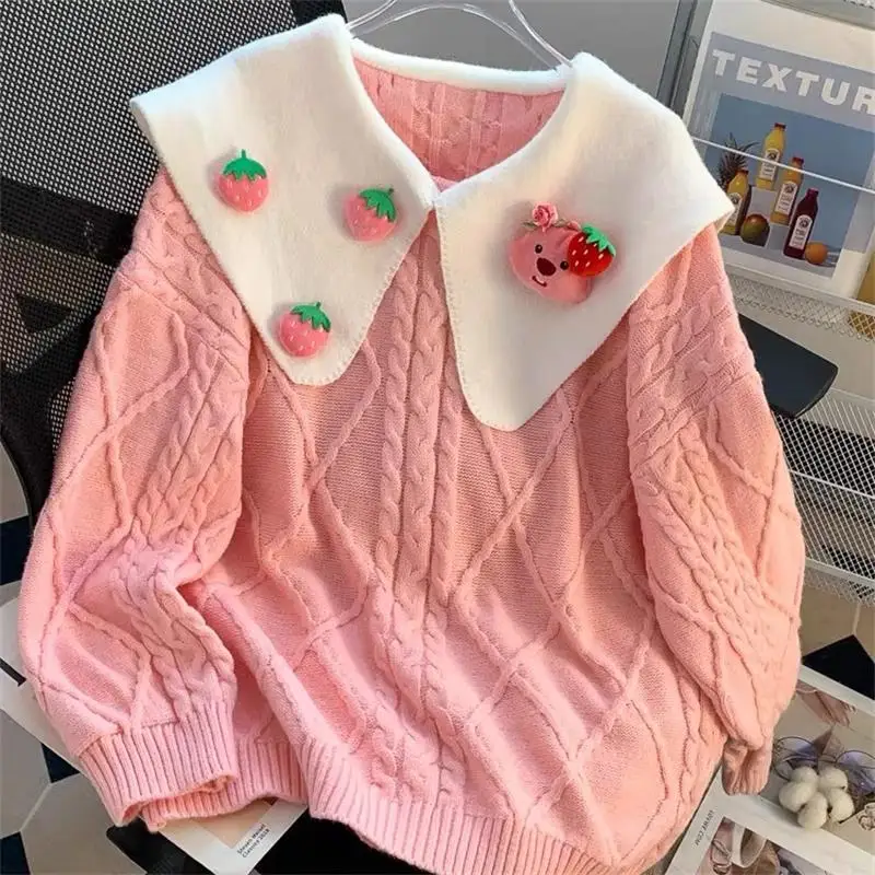 Hsa Korean Kawaii Sweater Women Harajuku Knitted Jumper Loose Casual Strawberry Twisted Knitwear Tops Cute Y2K Jumper Streetwear