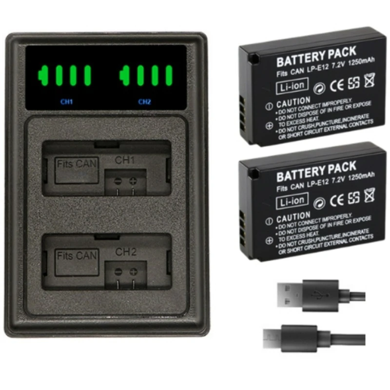 Baterías digitales de 1250 mAh LP-E12 batería de iones de litio + cargador Dual USB LCD para cámara Canon EOS M50, EOS M100, 100D Kiss X7 Rebel SL1