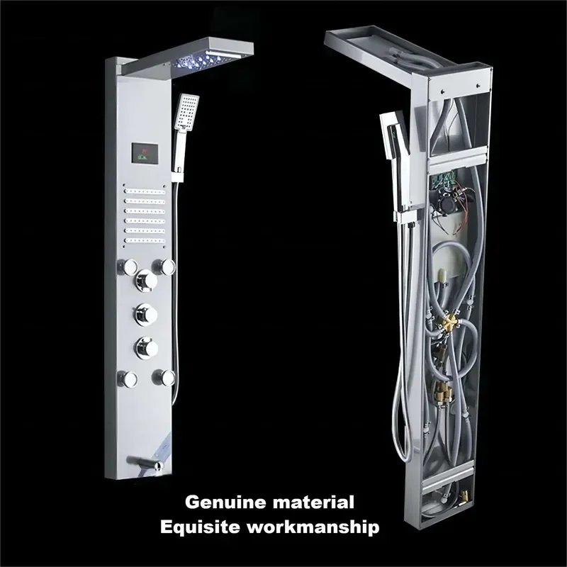 Brushed Stainless Steel Modern Bathroom Shower Panel LED Thermostatic Column Bathtub Mixer Tap Hand Shower Rain Soft