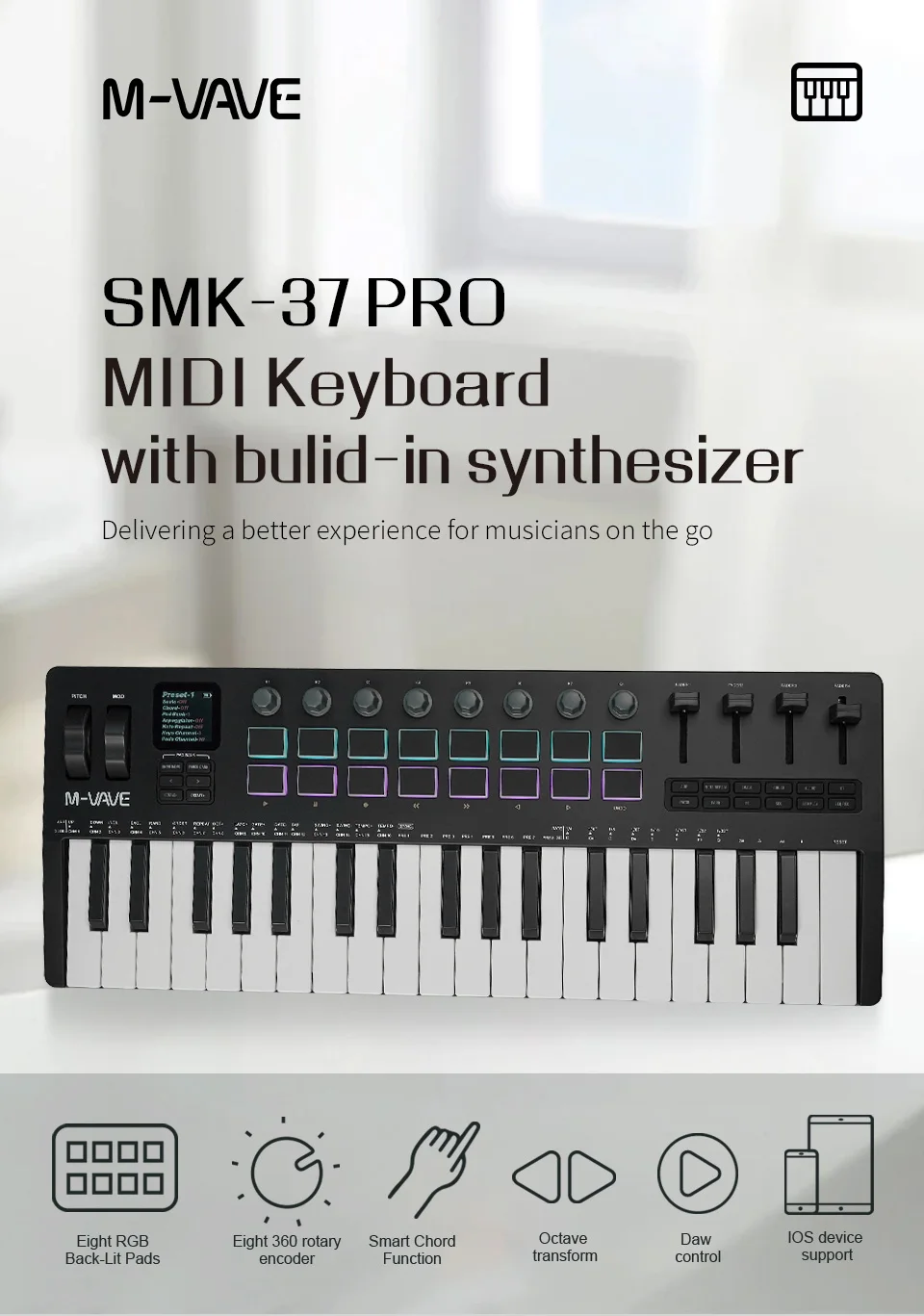 M-VAVE SMK-37 Pro/Elite 37-Key MIDI Keyboard – Aftertouch Pads, 8 Encoders, 4 Faders, Arpeggiator, USB/Bluetooth, for DAW
