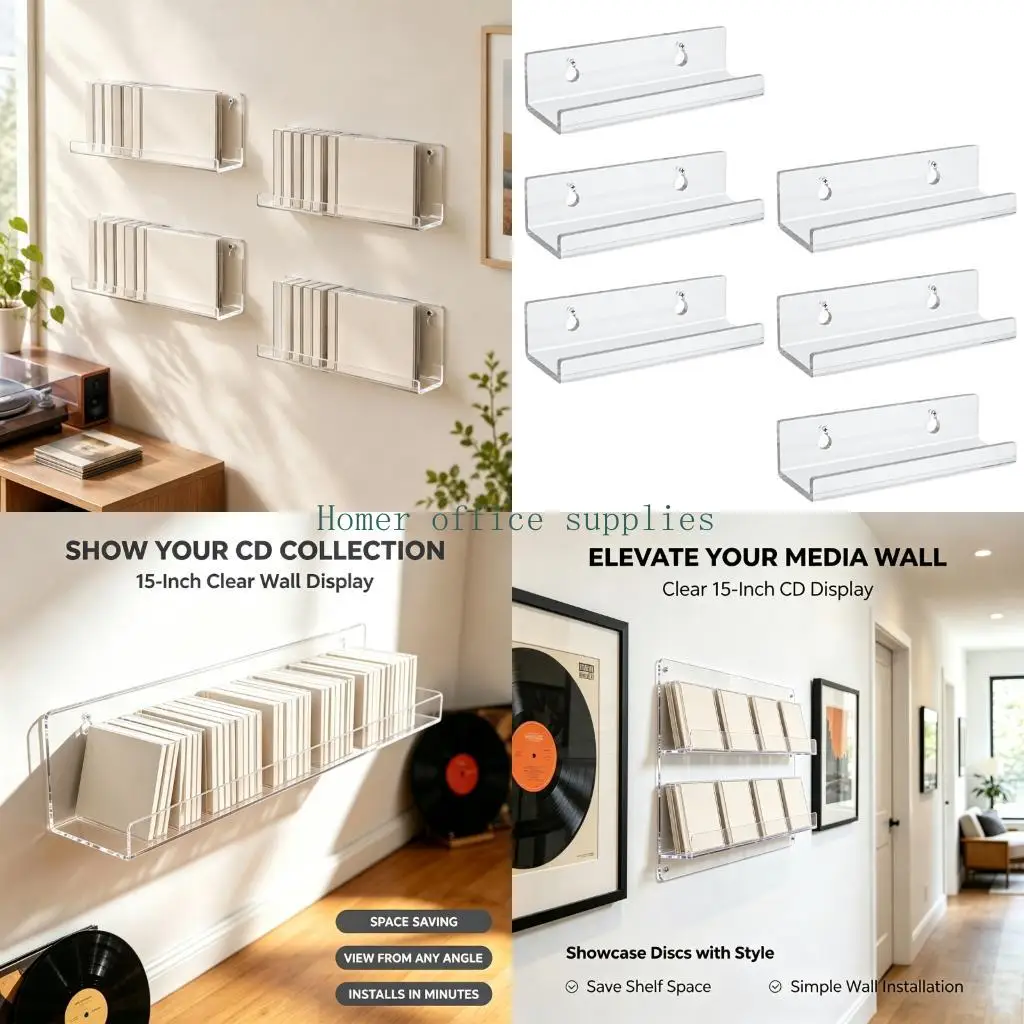 K43B Wall-Mounted Music Media and Small Record Display Holders, 6 Clear Acrylic Shelves with Open Placement for Cover Designs in