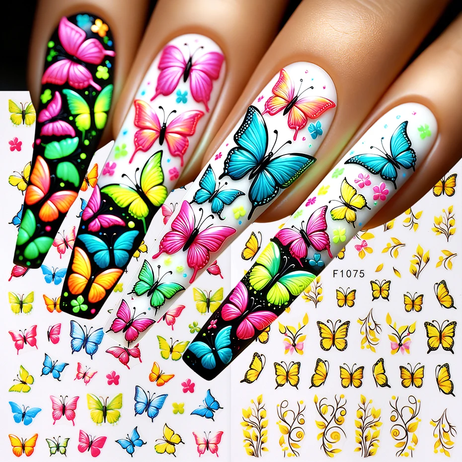 2 Stück Schmetterlings-Blätter-Nagelaufkleber, bunt, blau, lila, gelb, Schmetterlings-Blatt-Nagelkunst-Aufkleber, Dekorationen, Maniküre