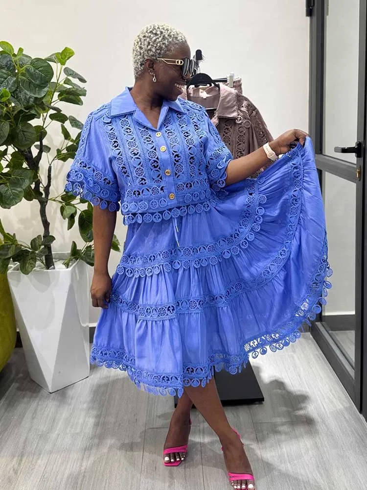 

Summer Two Piece Set Solid Color Elegant Shirt Skirt Set Female Clothing Hollow Out Top Sets with Dress Wholesale Dropshipping