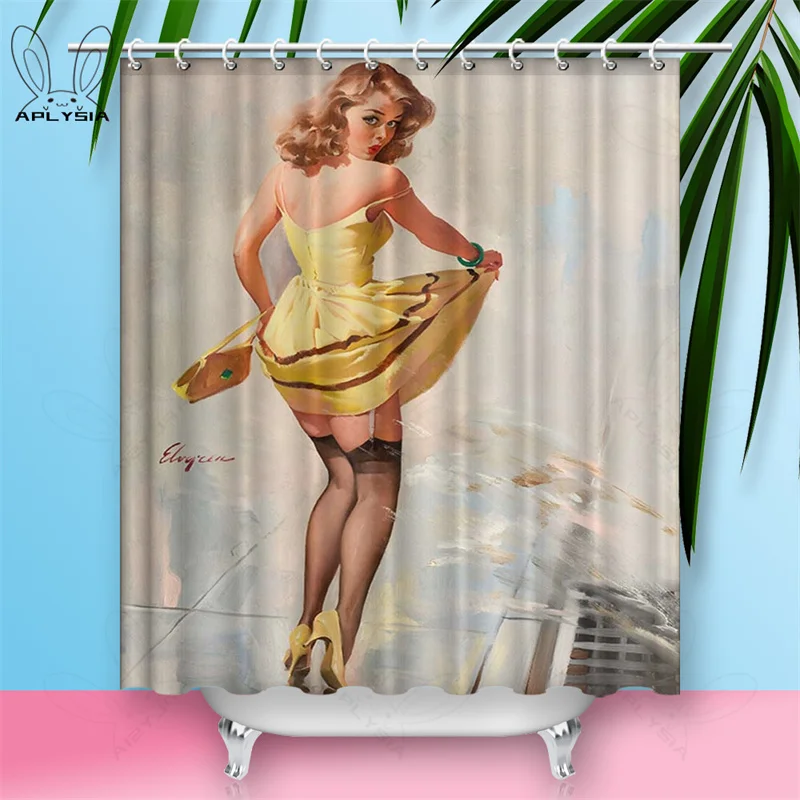 Custom Sexy Girl Hot Breast Shower Curtains European Retro Woman Skirt Dress Daily Waterproof Polyester Fabric Bathroom Curtain