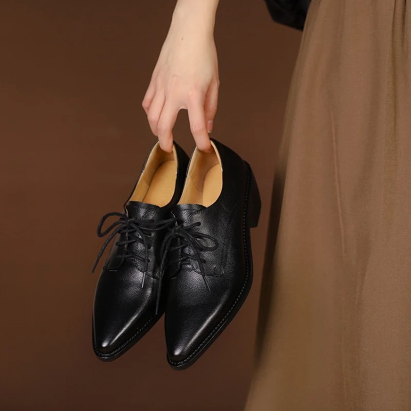 NEW Spring/Autumn Women Pumps Genuine Leather Shoes for Women Pointed Toe Chunky Heel Shoes Casual Black Lace-up Handmade Shoes