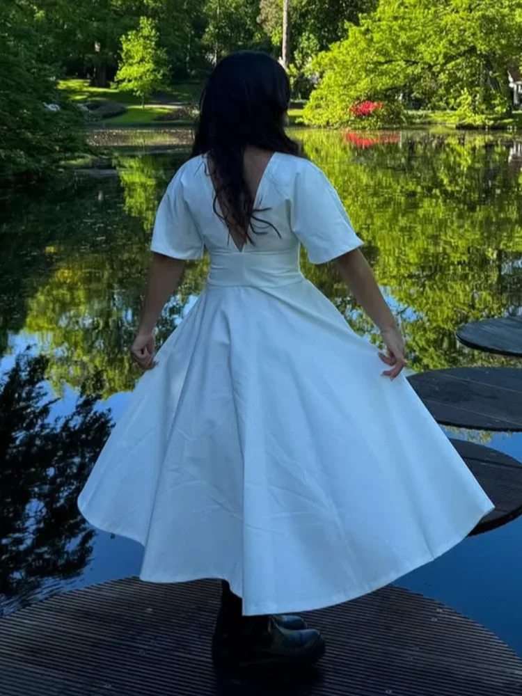 

2025 Chic White Women's Commute Long Dress Summer High Waist Buttons Short Sleeve Backless Vestido Ladies New V-neck Street Robe