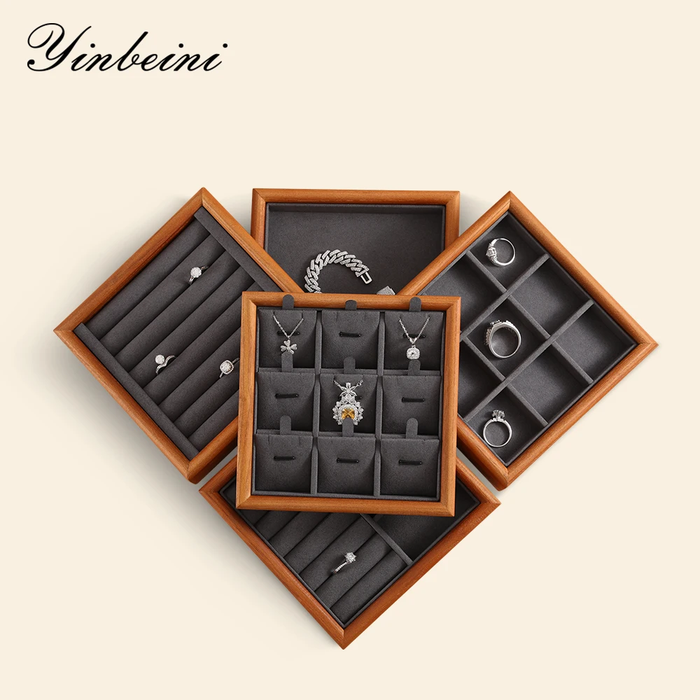 YinBeiNi Beige&Dark Gray Solid Wood Jewelry Display Tray Ring Necklace Earring Bracelet Organizer for Shop Cabinet Exhibition