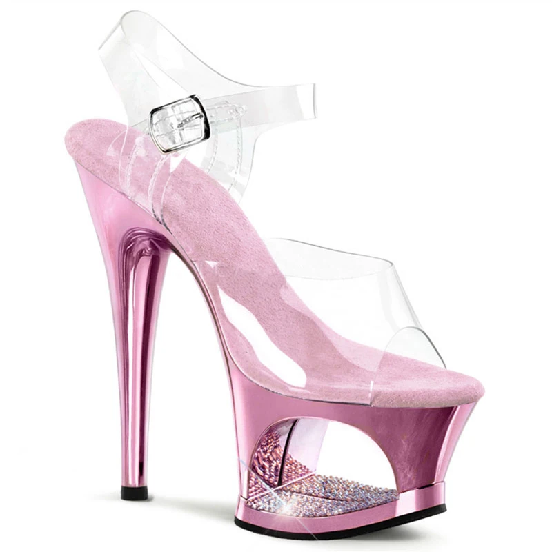 Pink Hollow Out Platform Stilettos Clear Pvc Strap Ankle Buckle Sandals Sexy Rhinestone Open Toe High Heels Party Shoes view 4