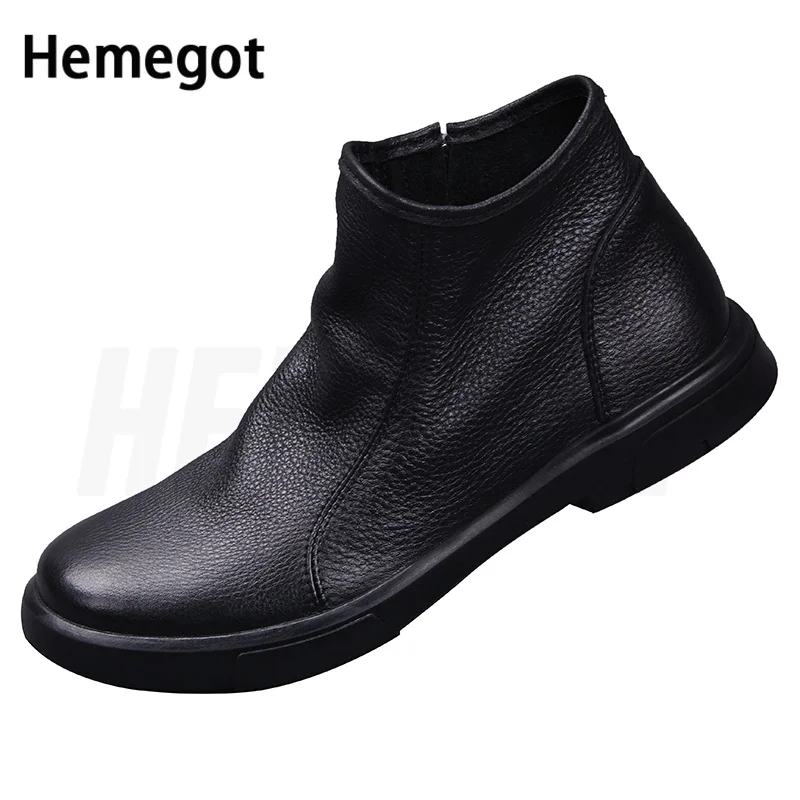 Men\'s Side Zipper Boots Business Comfortable Warm British Leather Shoes Soft Cowhide Plus Velvet Chelsea Soft Leather Boots