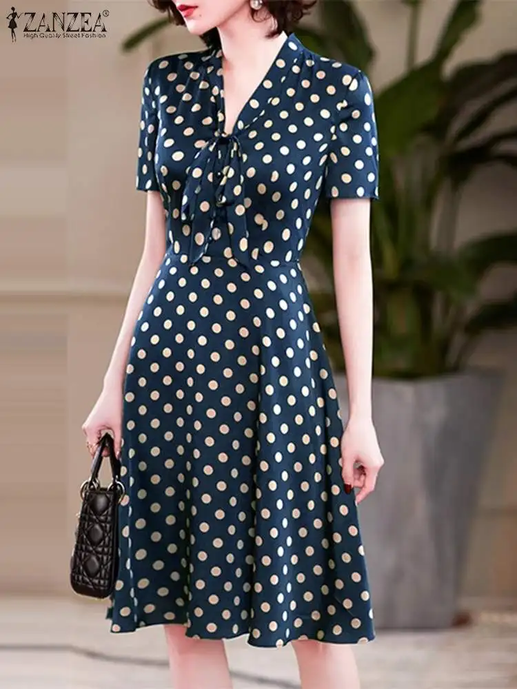 ZANZEA Elegant Polka Dot Dress Women Tie Neck Sundress 2024 Summer Waisted Office Robe Casual Bohemian Short Sleeve Knee Dresses