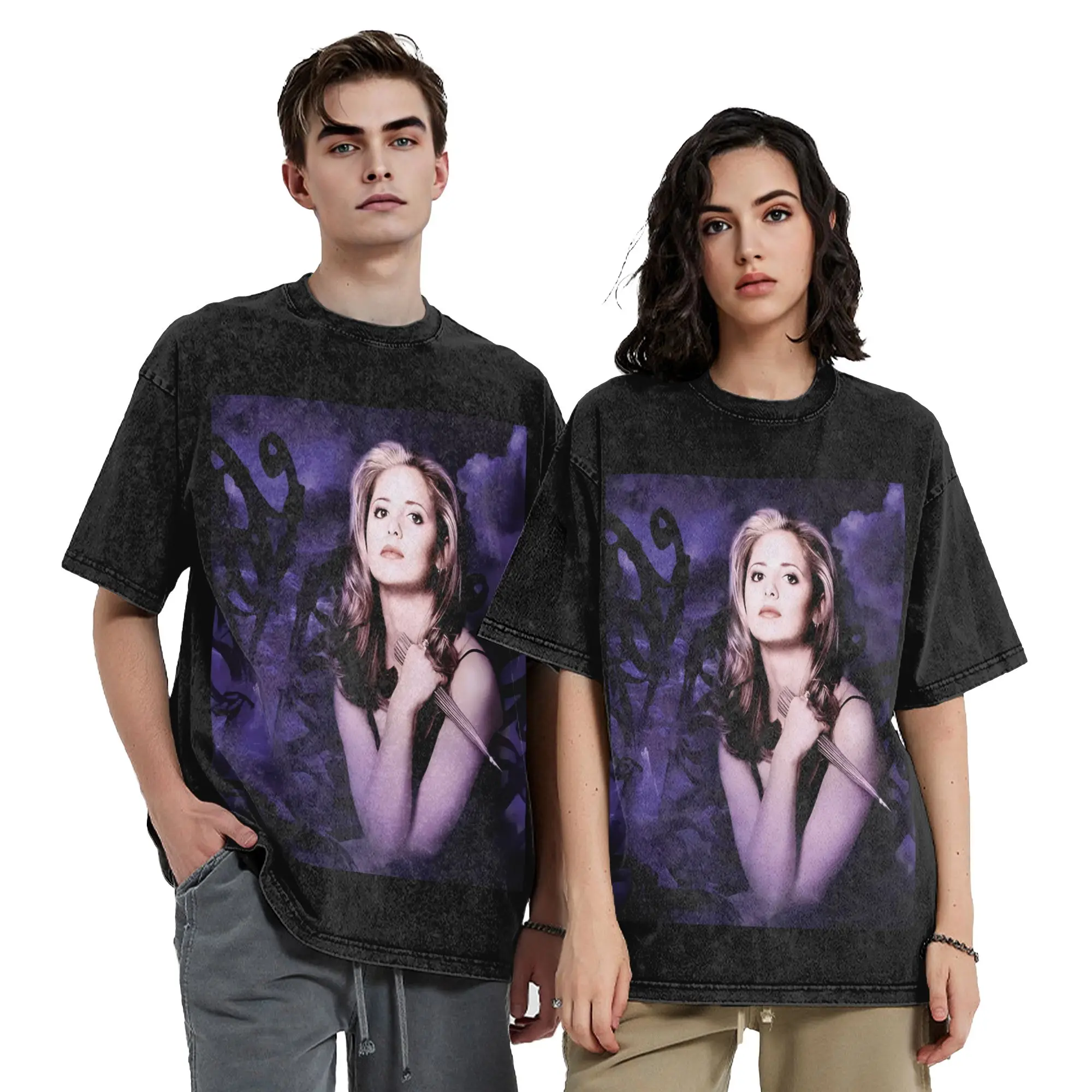 Buffy the Vampire Slayer Washed T Shirt Streetwear T-Shirts Horror Movie Tees Tops for Men Women Cotton Street Printed