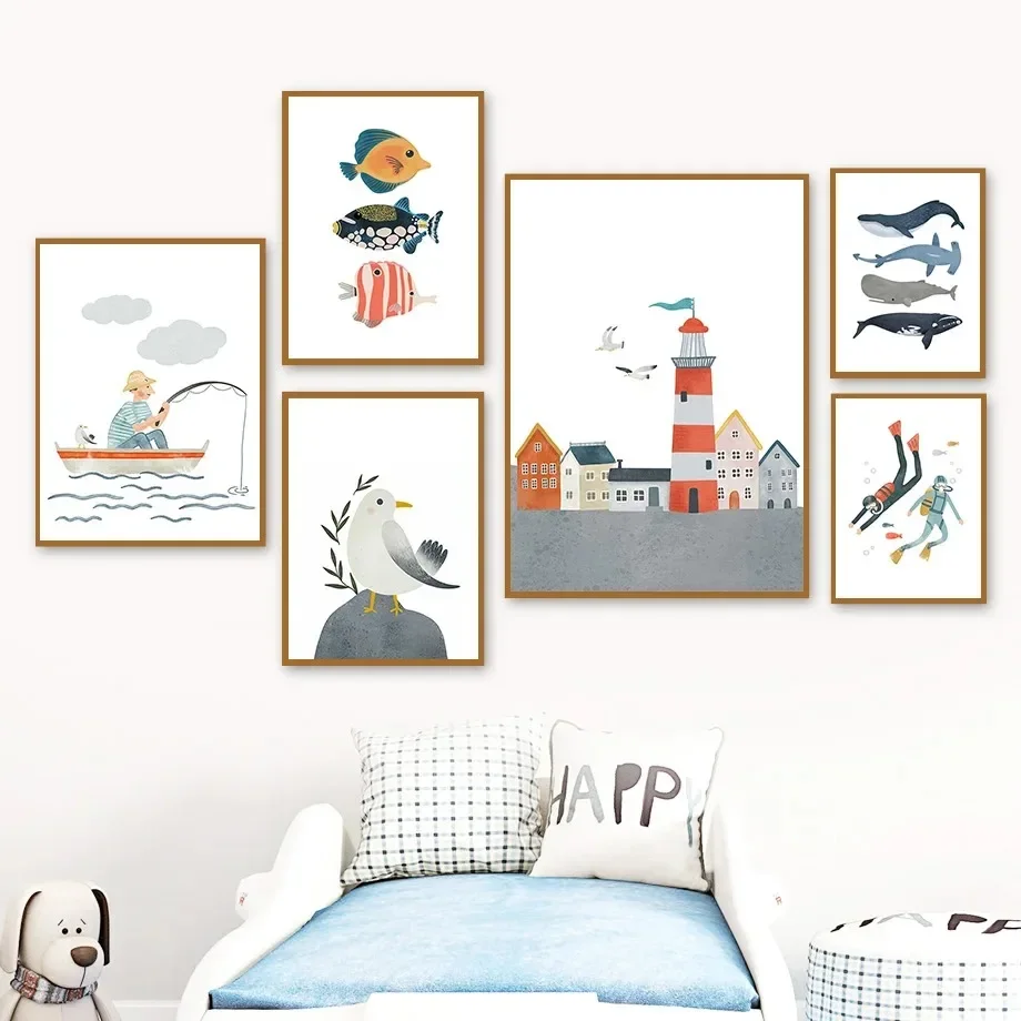 1pc frameless Canvas Painting Sailboat Lighthouse Whale Seagull Shell Diver Canvas Painting Posters and Prints Wall Art Picture