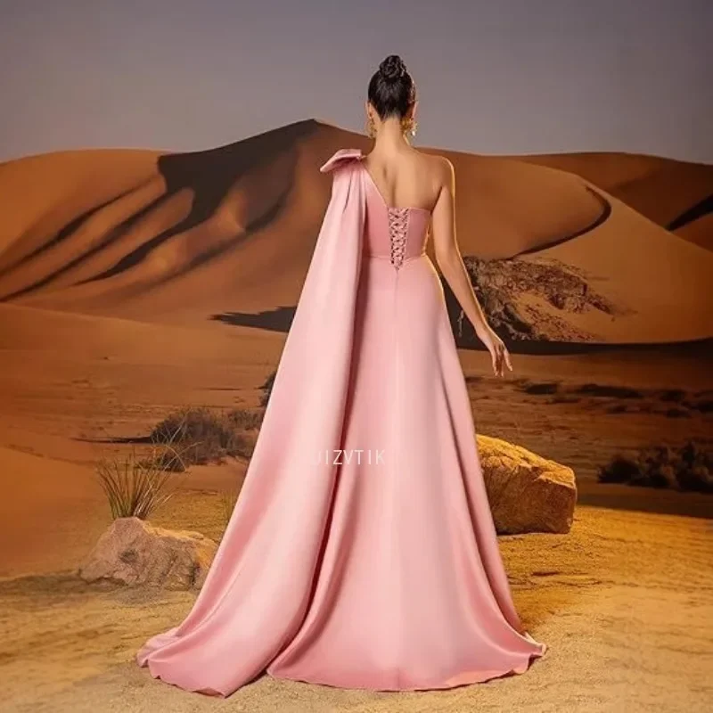 Elegant Bow Tied Ball Gowns Women One Shoulder Satin Prom Dresses Long Strapless Formal Evening A Line Corset Party Gown Robe