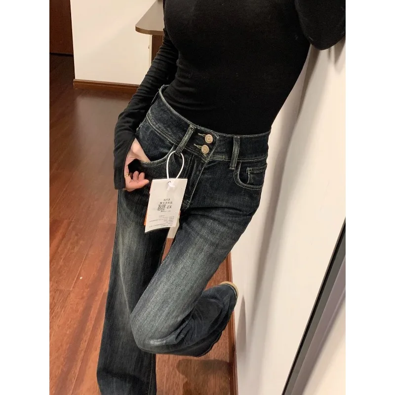 145 Small Blue-gray Slightly Pulled Jeans Women's New Double-button Elastic High-waisted Thin Floor-mopping Bell Pants