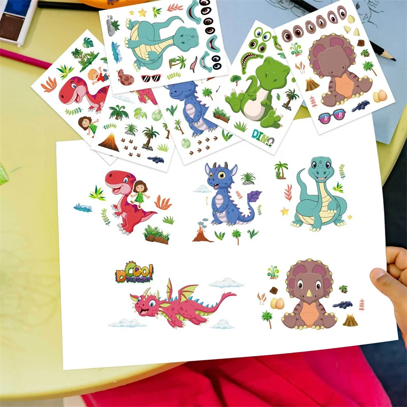 6-24sheets Reusable Dinosaur Stickers Make A Dinosaur Face Stickers for Kids Birthday Party Decorations Children DIY Puzzle Toys