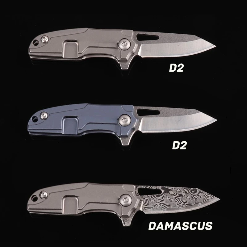 Blue Titanium Folding Pocket Knife D2 Damascus Steel Blade Keychain Necklace Outdoor Camping Carving Survival Knives EDC Gift